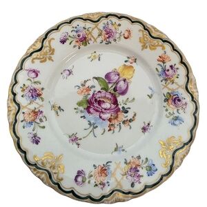 Francisca Hirsch Dresden Flowers & Green Gold Rimmed 6" Dessert Plate